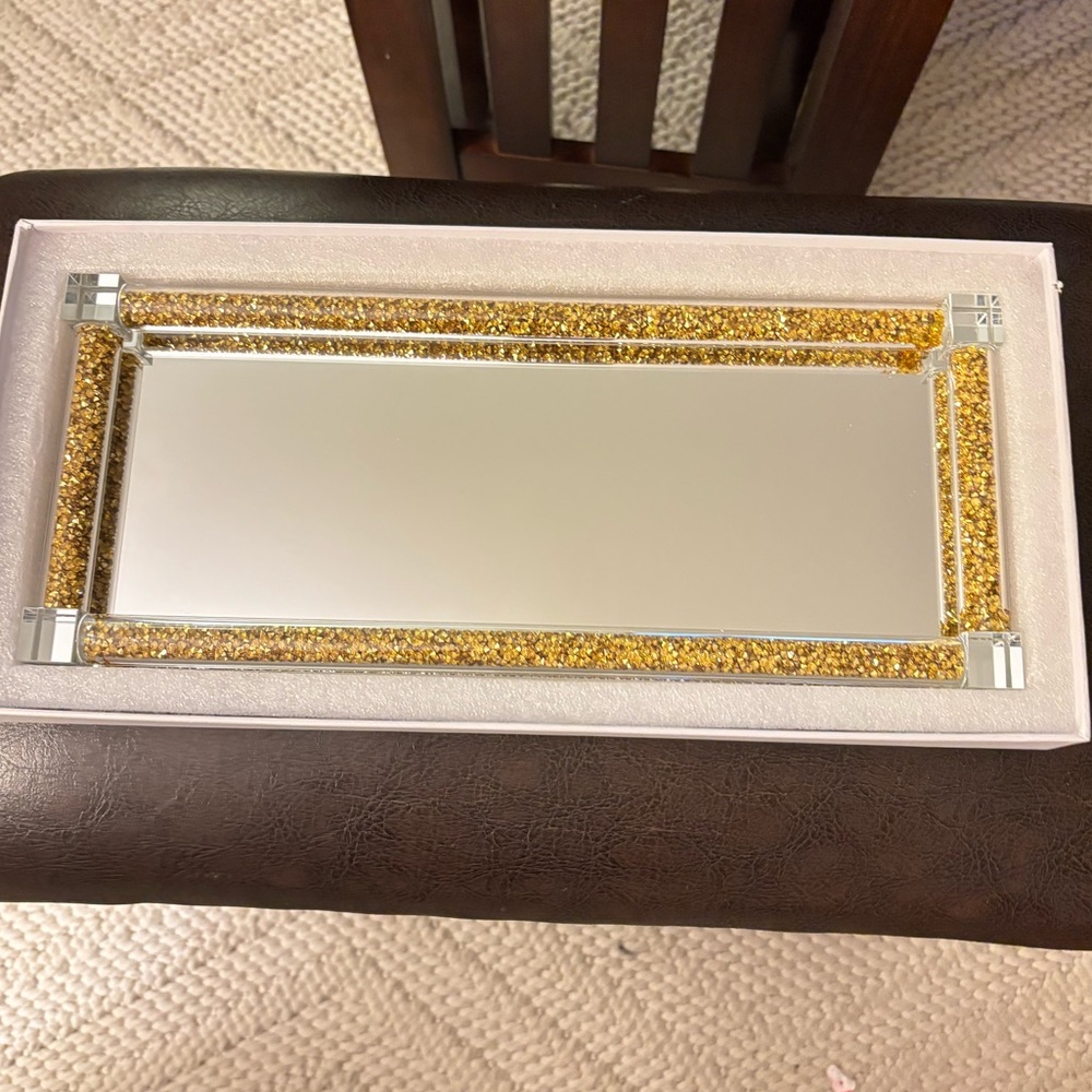 NWT Crystal Glass Tray, Mirror Vanity Tray, Golden Decor Tray Size 34cm X 14 cm - Picture 4 of 16